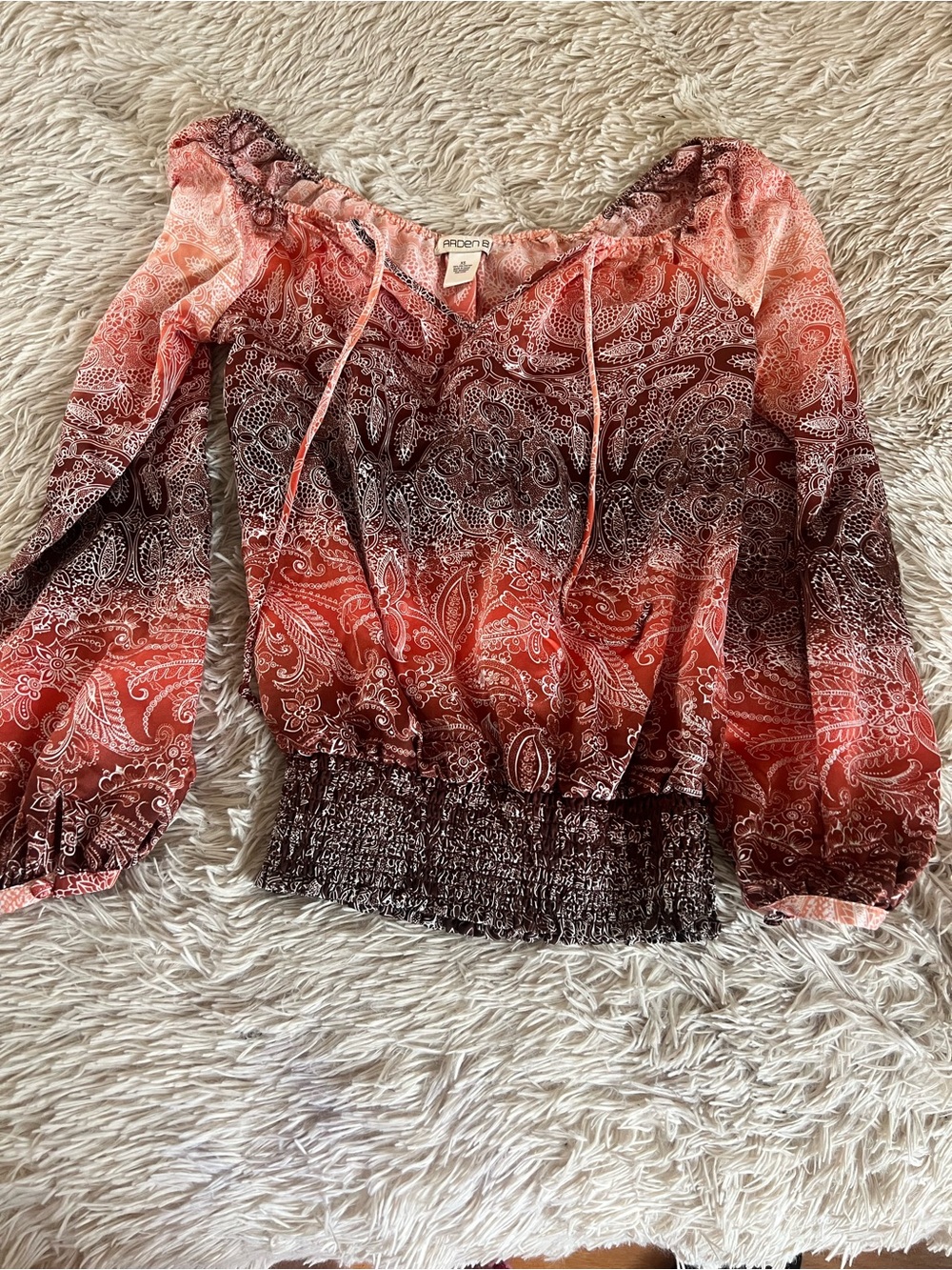 Arden B Coral and Brown Paisley Off-Shoulder Blouse